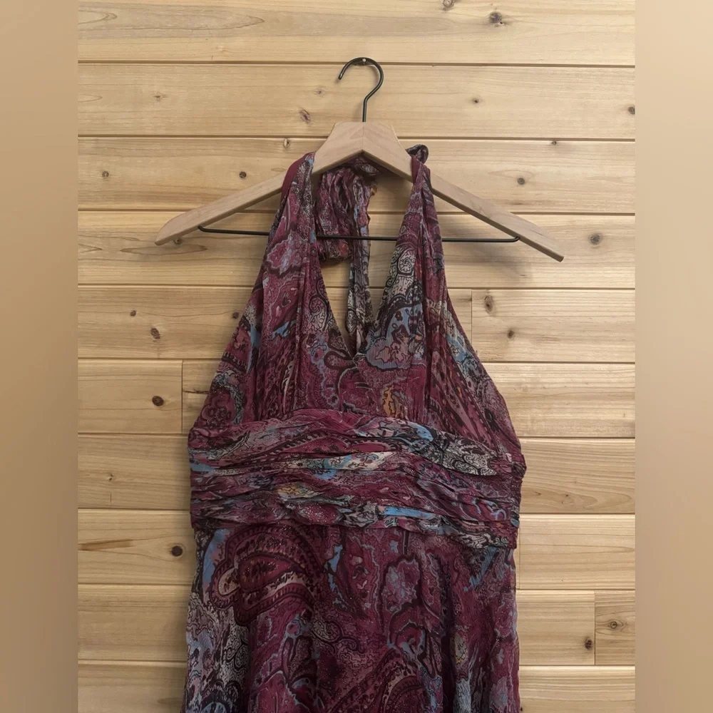 Suzi Chin Medium Shimmery Blue Wine Paisley Halter Silk Dress Whimsigoth Boho